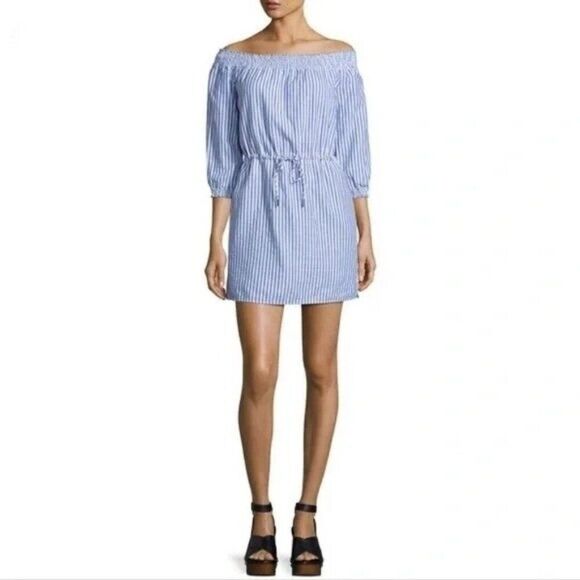 Rag & Bone XS Blue White Striped Off the Shoulder Dress Pockets Nautical Coastal - Picture 1 of 7